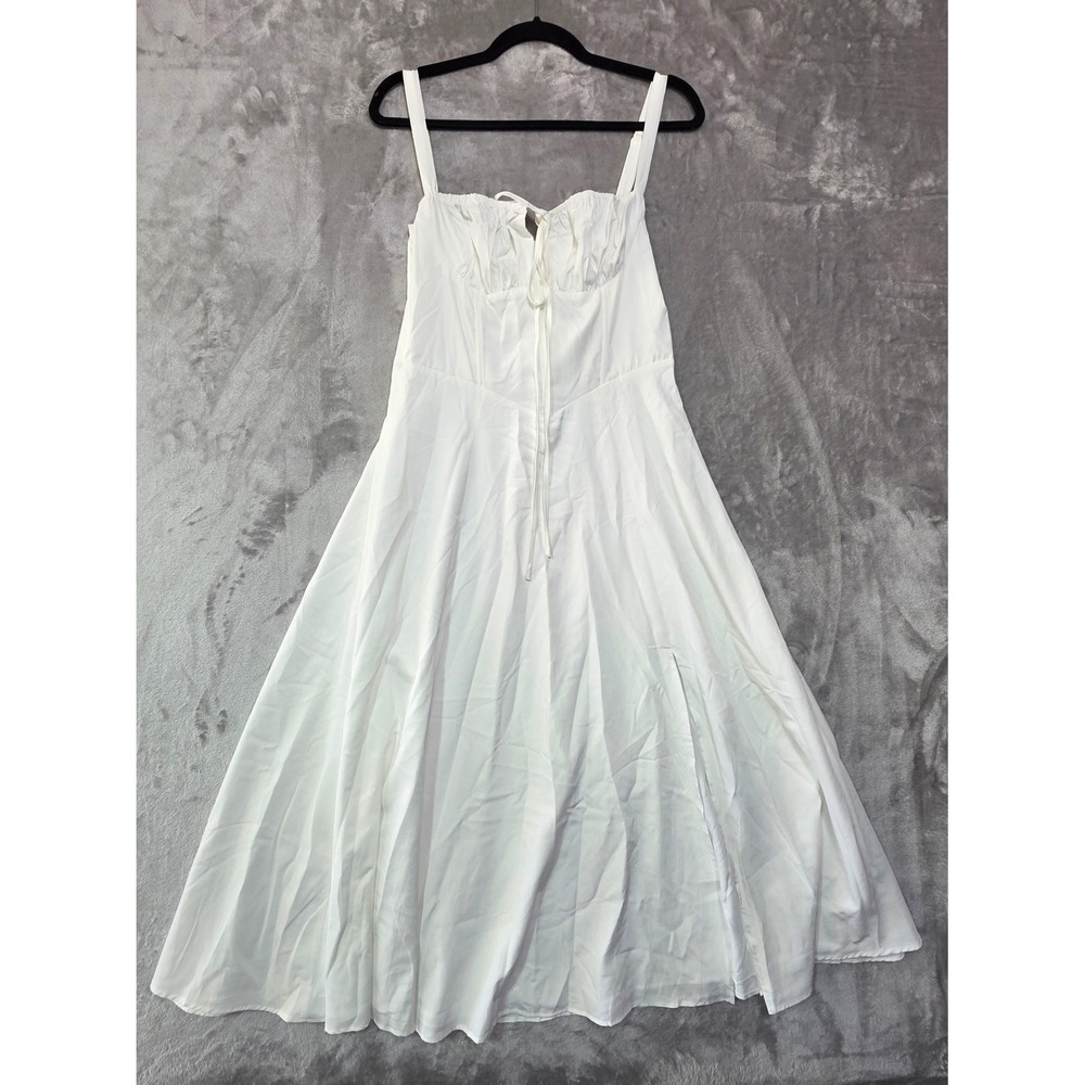 Marthea Women White Lace Up Back Corset Midi Dress Ruched Sweetheart Slit HX-8W